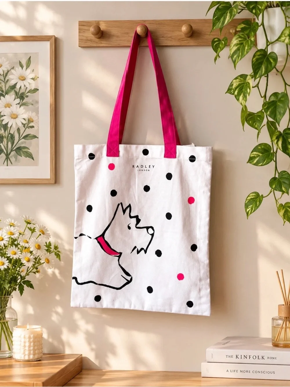 RADLEY LONDON White Canvas Tote with Pink Handles and Polka Dots